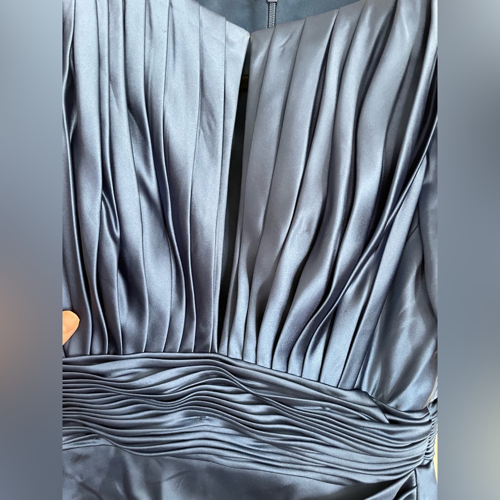 Mac Duggal Midnight Blue Satin Pleated Maxi Dress with High Slit - Picture 6 of 9
